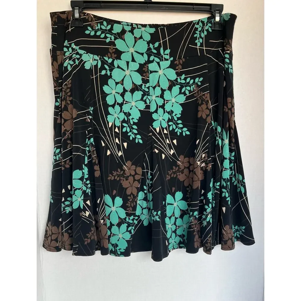 Apt 9 Black Brown Teal Floral A-Line Knee Length‎ Flare Skirt Petite PXL